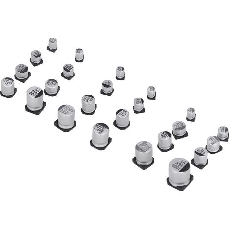 Kit d'assortiment de 400 condensateurs électrolytiques CMS noirs en aluminium, 24 valeurs de 1 µF à 1000 µF. (1/5)