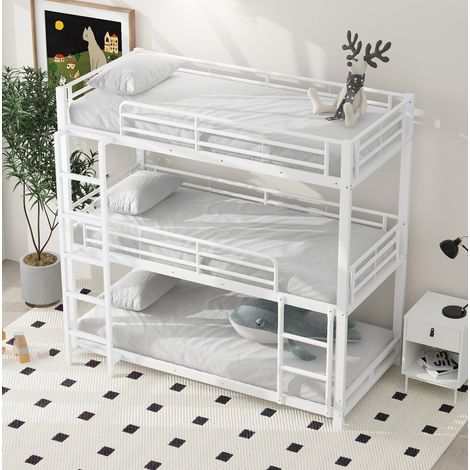 DESVIAE Lit mezzanine triple en métal blanc 90 x 200 cm avec échelle fixe et garde corps sécurisés pour enfants adolescents et adultes gain de place style minimaliste (1/5)