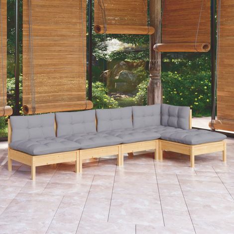 5-tlg. Garten-Lounge-Set mit Grauen Kissen Kiefernholz (1/5)