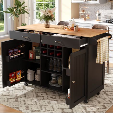 Isla de cocina 102/45/92 cm en negro con ruedas, almacenaje modular y botellero (1/5)