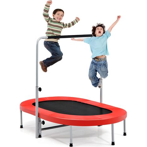 COSTWAY Trampoline Pliable pour 2 Enfants Intérieur/Extérieur avec Main Courante Ajustable Coussin Tapis de Saut Charge 150kg Rouge