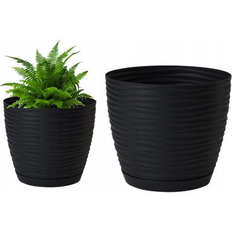 Vaso da fiori in plastica nera con sottovaso, 10,7x10 cm.