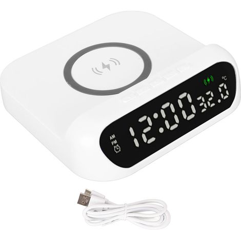 Réveil sans fil avec chargeur 10W, affichage température LED, volume alarme progressif, station de charge blanche multifonction (1/5)