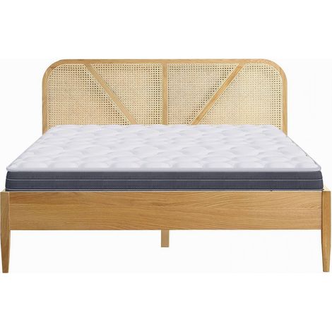Ensemble lit adulte 140x190 cm en bois avec tête de lit en cannage Leonie + Matelas mémoire de forme Memo HR (1/5)