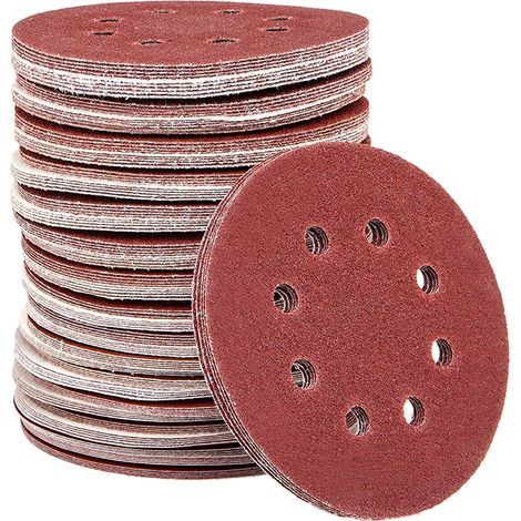Lot de 100 papiers abrasifs 5 pouces 125mm 8 trous, auto-agrippant, papier rouge à sec pour ponçage menuiserie- TRSP (1/5)