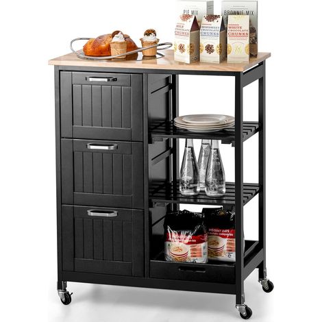 COSTWAY Carrello da Cucina con Ruote, Credenza Cucina con 4 Ripiani e 3 Cassetti, in Legno, Ideale per Cucina Ristorante e Bar, 67 x 37 x 83,5 cm (Nero) (1/5)