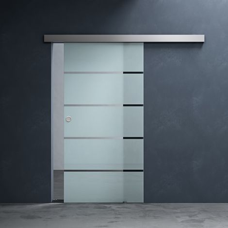 Mai & Mai Porte Coulissante Transparent avec Bandes Opaques en Verre de Sécurité ESG de 8mm 77,5x215cm Poignée Ronde avec Système Softclose Ama TS11H-775 Distance au Mur de 25mm
