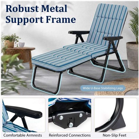 Foldable Blue Sun Lounger with Adjustable Backrest & Cushion (1/5)