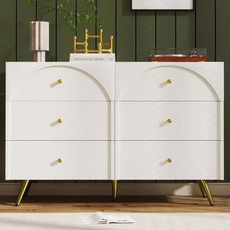 Commode - KOMHTOM - 120x40x85 cm - 6 tiroirs - Pieds métalliques - Blanc crème (1/5)