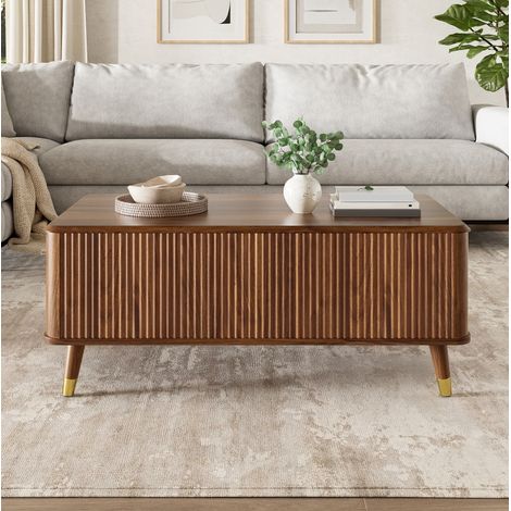 Mesa de centro retro con tapa elevable, efecto nogal, patas de madera y almacenaje (1/5)