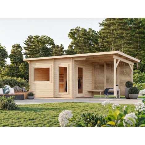 Abri de jardin en bois 6,8 m² – Structure en épicéa nordique – Murs de 44 mm – Auvent de 5,9 m² pour détente – Palmako (1/5)