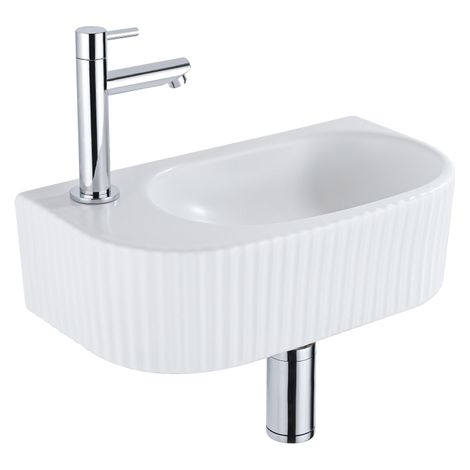 QeramiQ Fuente Ensemble de Lavabo - 40x21.5x12cm - gauche - strié - demi-rond - 1 trou de robinet - céramique - ensemble de robinet chrome - bouchon