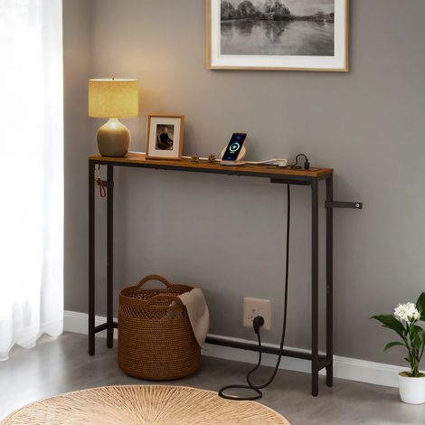 Table Console Étroite avec Prise, Console Derrière Canapé, 100 x 15 x 80 cm, Marron et Noir (1/5)