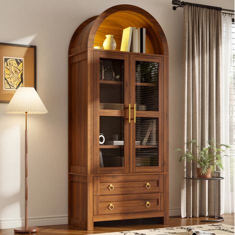 MODFU – Vitrine haute 76x40x180 cm MDF – 2 portes verre, 2 tiroirs et LED USB – Design rétro arqué et charge 50 kg – Salon – Noyer (1/5)