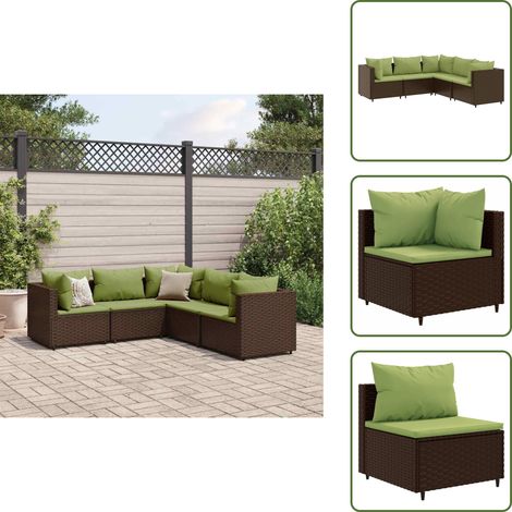 The Living Store Salon de jardin 5 pcs avec coussins Marron Résine tressée - Ensemble Salon De Jardin - Salon De Jardin Extérieur - Meuble De Jardin - Canapé D'angle - Canapé Extérieur