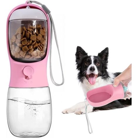 KLVGTIFS PU - Bouteille d'eau pour Chien,Gourde pour Chien pour Les Déplacements, avec et Distributeur de Nourriture,pour Chat,Chiots,Lapin(300ml) (1/5)