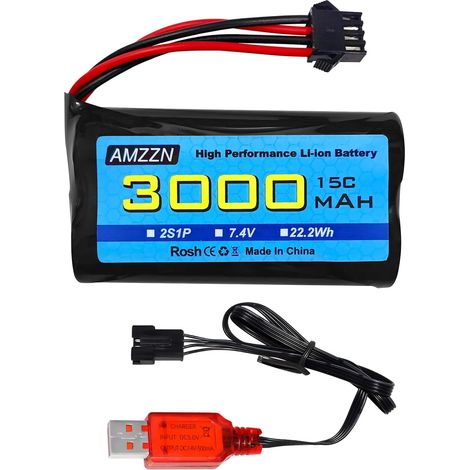 Batterie Li-ion 7,4 V 3000 mAh 15C 2S SM-4P avec chargeur USB pour EC08 DE85 RC voiture, camion, bateau radiocommandé, drone technique, véhicule (1/5)
