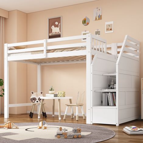 Cama alta infantil 90x200 con almacenaje de pino OKMYHOME (1/5)