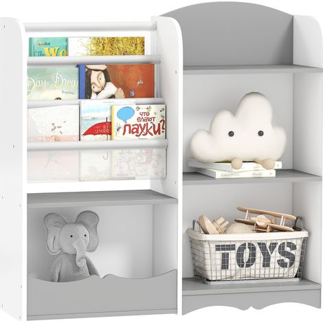 Scaffale Portagiochi per Bambini Mobile per Cameretta in Legno, Arredamento per Bambini da Salotto e Asilo, 85x26x84cm, Grigio