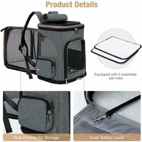 Sac à dos extensible et pliable pour chats et chiens de petite taille, avec laisse de sécurité intérieure et 2 tapis pour animaux, gris. (1/5)
