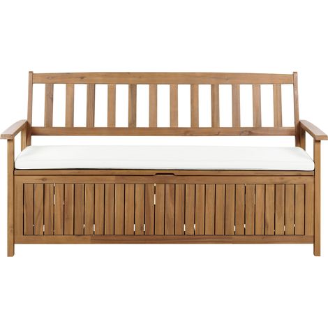 Banc de Jardin Rustique avec Rangement en Bois d'Acacia Extérieur 160 cm Coussin Blanc Cassé Sovana