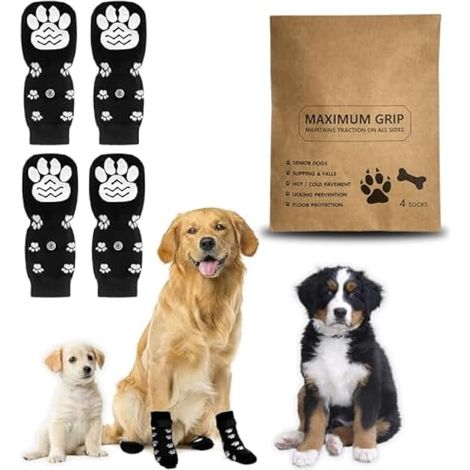 Lot de 4 Chaussettes Antidérapantes pour Chiens avec Sangle Réglable – Protection des Pattes en Coton, pour Petits et Grands Chiens, Intérieur et Extérieur (Noir, S) (1/4)