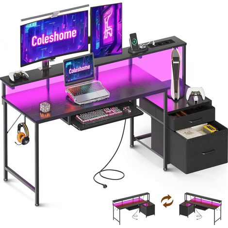 Bureau gaming LED 140×48 cm – Noir – Avec rangement tissu, support moniteur, 2 prises et 2 ports USB (1/5)