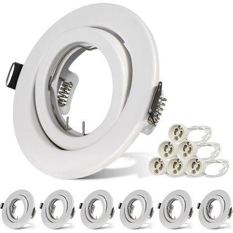 Set of 6 Adjustable GU10 Recessed Spotlights, Matt White Metal Frames with GU10 Sockets, Round LED Ceiling Spotlight Brackets, 98 mm Drilling Diameter for Kitchen, Living Room, Office (1/5)