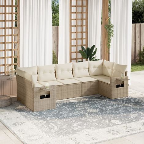 Canapé de jardin 7 places en résine tressée beige avec coussins amovibles – salon modulaire résistant aux UV (1/5)