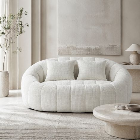 Sofá puff 2 plazas 145x95x63 cm de chenilla beige, sin montaje, FloraGrace (1/5)