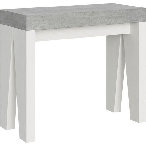 Console extensible bois gris béton pieds blanc 8 personnes 40 à 196cm Naxo-Pied et support sur roulettes (1/5)