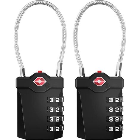 YMYNY Cadenas de valise, cadenas à combinaison TSA à 4 chiffres avec alarme d'ouverture, cadenas de câble de salle de sport (2 pièces, noir) (1/4)