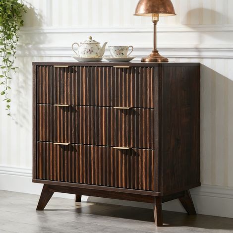 Commode chambre 3 Tiroirs Style Fluté 32" Haute, Commode bois avec Plateau Faux Marbre & Profil Courbé, Organisateur de Rangement pour Chambre, Salon & Couloir - Panneau de Particules Dark Walnut (1/5)