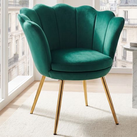 Wahson Freizeitsessel Samt-Bezug, Muschel-Sessel eleganten goldenen Metallbeinen für Schlafzimmer und Wohnzimmer,Grün (1/5)