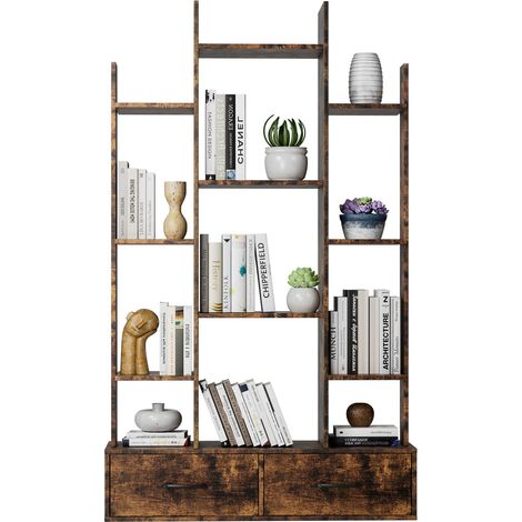 ELVMI Scaffale con 12 Ripiani Aperti e 2 Cassetti, Forma ad Albero, Metallo e Legno, Marrone Rustico (1/5)