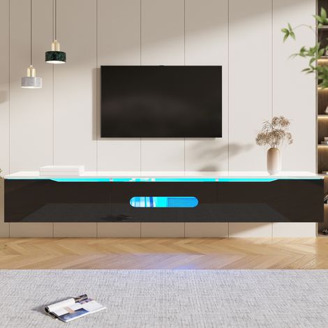 Vitrine & meuble TV 180×30×35 cm – noir + blanc laqué, LED 16 couleurs (1/4)