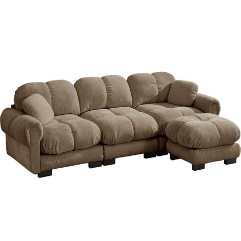 Divano Angolare 3 Posti in Chenille, con Pouf Spostabile e Cuscino, Cuciture Trapuntate, Marrone (1/5)