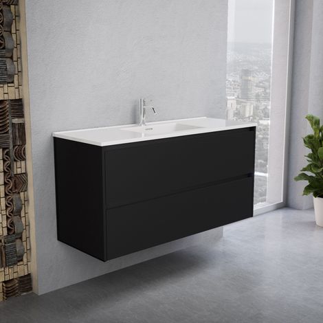 Inda - Badezimmerschrank 2 Schubladen B.120 mit glänzendem Waschbecken / Mattschwarz - Smeraldo (1/5)