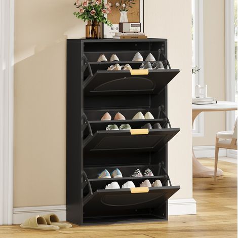 REDOM - Scarpiera 60x24x114 cm, salvaspazio, con ante ribaltabili, MDF e pannello truciolare nero (1/5)