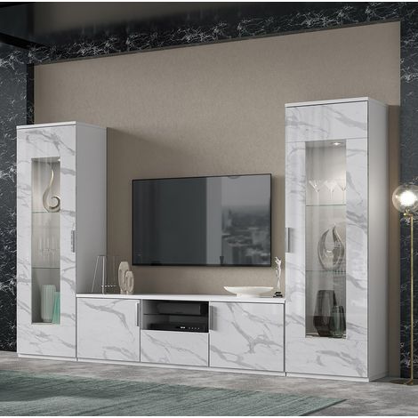 Soggiorno bianco laccato lucido effetto marmo con Porta Tv - Dream