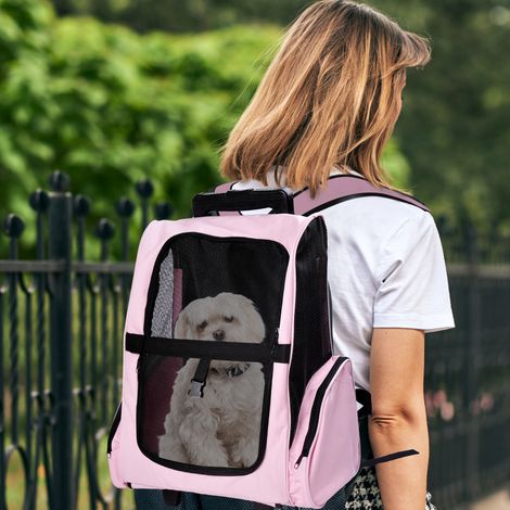 Rose 42x25x55 cm - Sac à dos ou chariot de transport 2 en 1 pour chien et chat avec 2 roues avec poignée et poches rétractables en aluminium