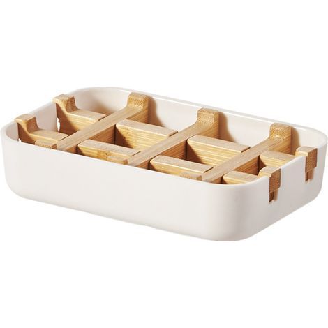 Ensemble de deux porte-savons en bambou naturel, durables et écologiques, avec un bac égouttoir en fibre de bambou. Blanc. (1/5)