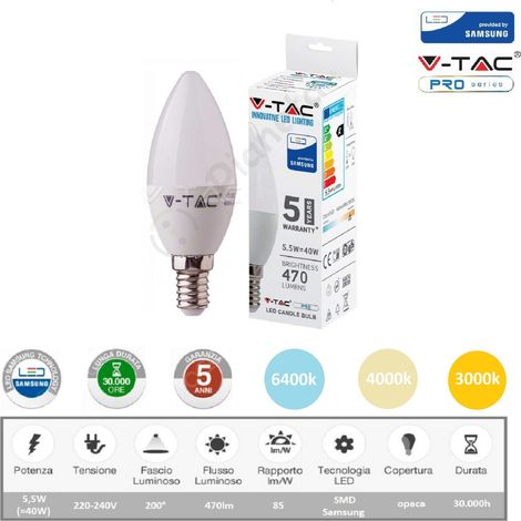 V-TAC PRO Lampadina led oliva 5,5w attacco piccolo E14 opaco luce bianca naturale calda  Naturale (1/3)