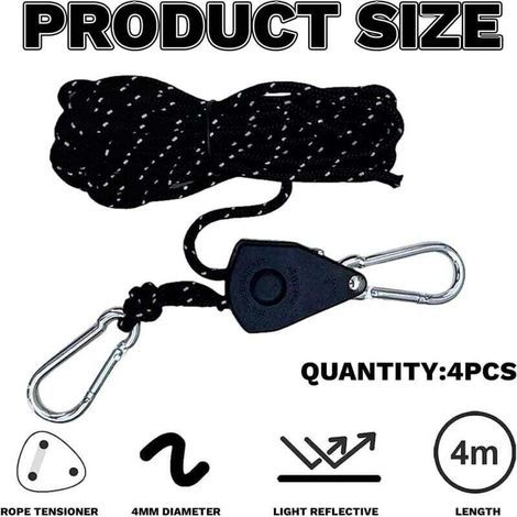 Lot de 4 haubans réfléchissants de 4 m - 4 mm - Tendeur léger - Réglable - Pour extérieur, tente, tente, camping, voile d'ombrage - Corde à linge (noir)