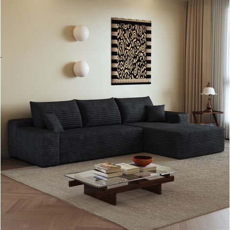 Sofá esquinero modular 270 cm con chaise longue en L, tejido acanalado negro, sin montaje OKMYHOME (1/5)