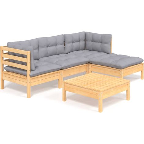 Salon de jardin 5 pcs Ensemble Table et Chaise de Jardin - avec coussins gris Bois de pin BV180322 - BonneVie (1/5)