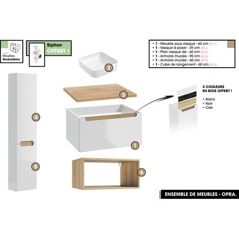 Ensemble complet de salle de bain - Meuble - Armoires - Cube - Vasque à poser avec Siphon OFFERT OPRA 60 x 30 x 45 cm (1/5)
