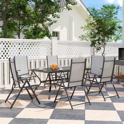Ensemble de salle à manger de jardin 7 pièces avec trou pour parasol et 6 chaises pliantes. Gris. (1/5)