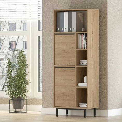 Meuble rangement bureau décor bois 2 portes 4 niches JENA (1/5)