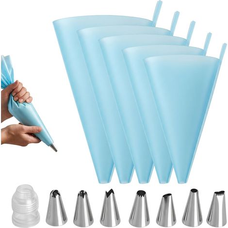 Lot de 5 poches à douille en silicone avec 7 douilles - En acier inoxydable - Réutilisables - 5 tailles - 30,5 à 45,7 cm - Accessoires de seringue à gâteau - Pour gâteaux, cupcakes, décoration (1/5)